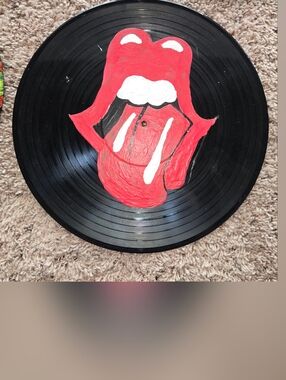 Painted Vinyl Record with Red and White Tongue Graphic
